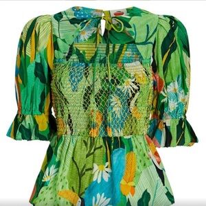 FARM Rio  Toucans Smocked Peplum Top Women Size Small Cotton